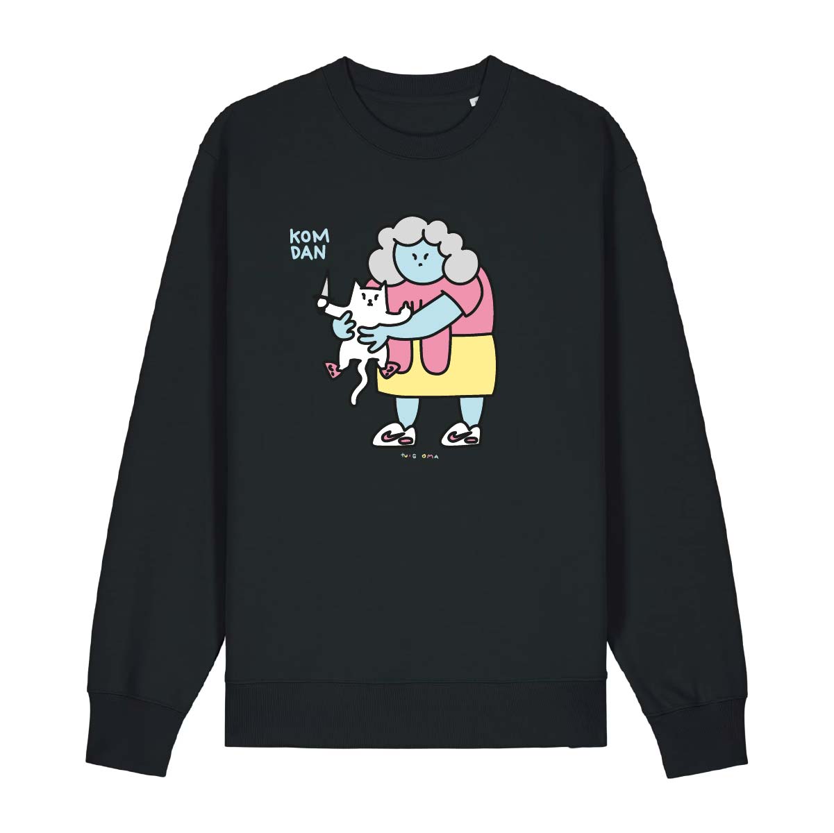 "Kom Dan" Black crewneck sweater with front print